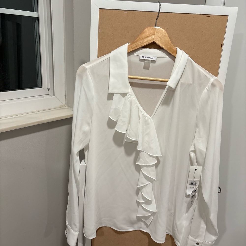 Calvin Klein White Ruffle V-Neck Long Sleeve Blouse